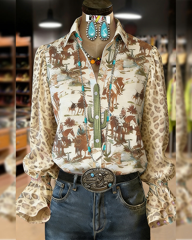 Hemd Revers Vintage Druck Puffärmel