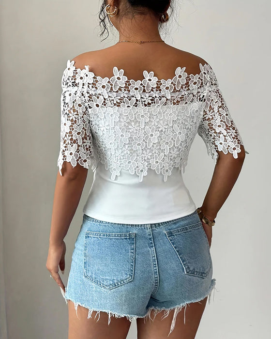 Bluse Off-Shoulder Blumig Spitze Oberteil