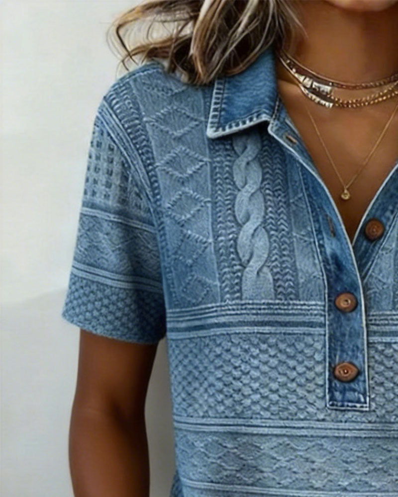 T-Shirt Umlegekragen Denim Bedruckt