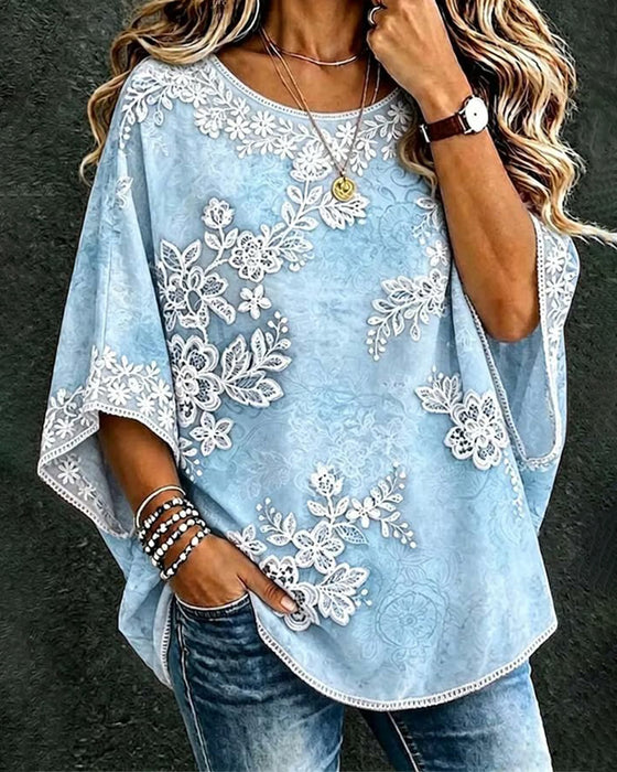 Weite Bluse Rundhals Florales Muster