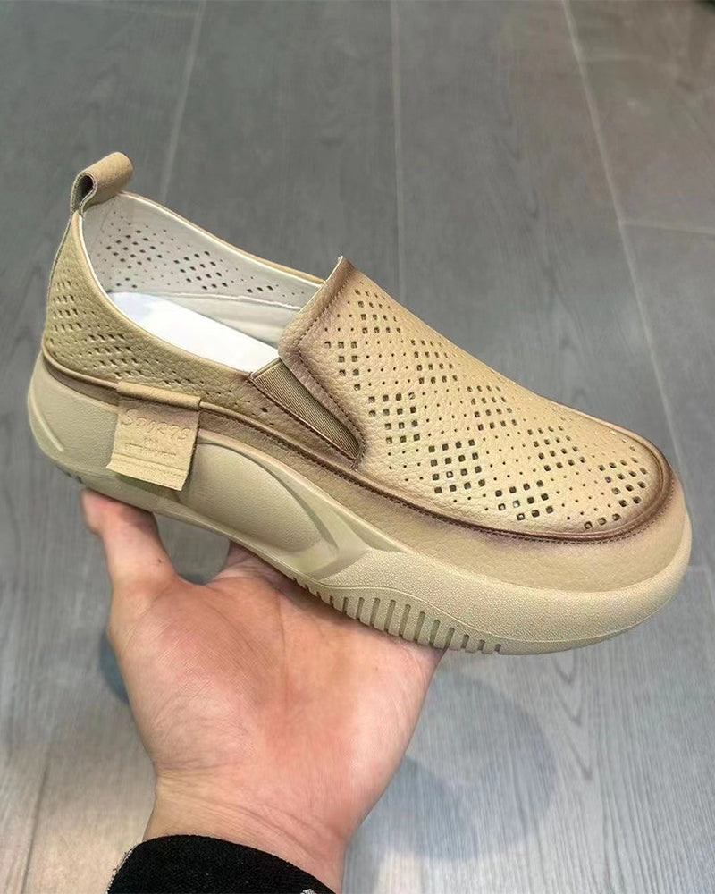 Schuhe Dick Sohle Damen Durchbrochen Loafers Runde Zehe Kappe