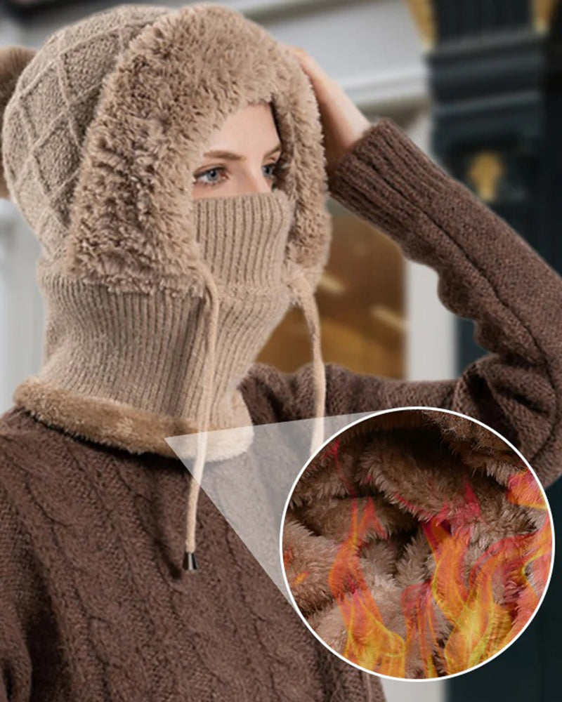 🔥Stylische Dick Gestrickte Wintermütze – Mit Warmem Gesichtsschutz Und Schal🧣