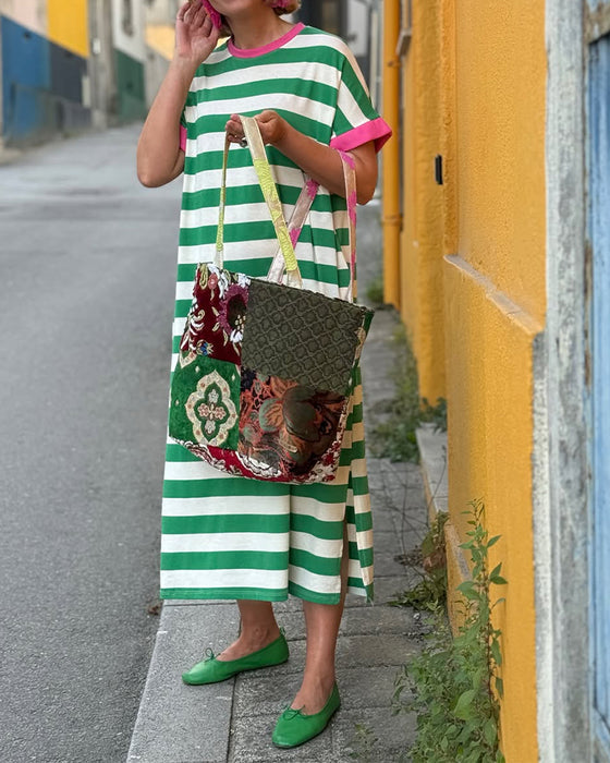 Kleid Rundhals Farbblock Streifen Maxi