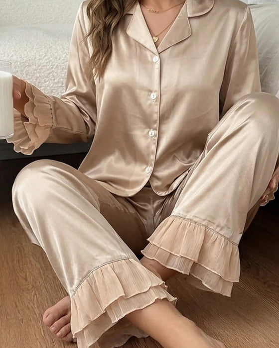 Pyjama Set Doppelte Schicht Volant Hemdkragen