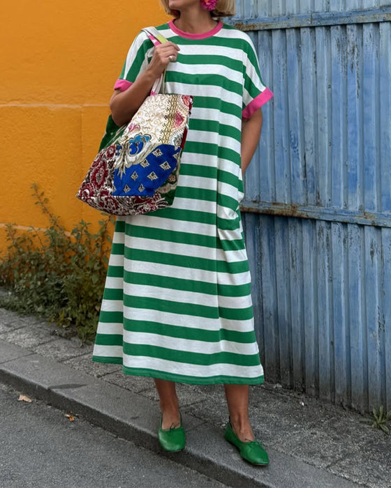 Kleid Rundhals Farbblock Streifen Maxi