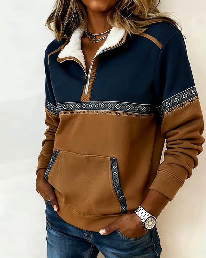 Retro-Sweatshirt mit Color-Blocking und Pelzkragen