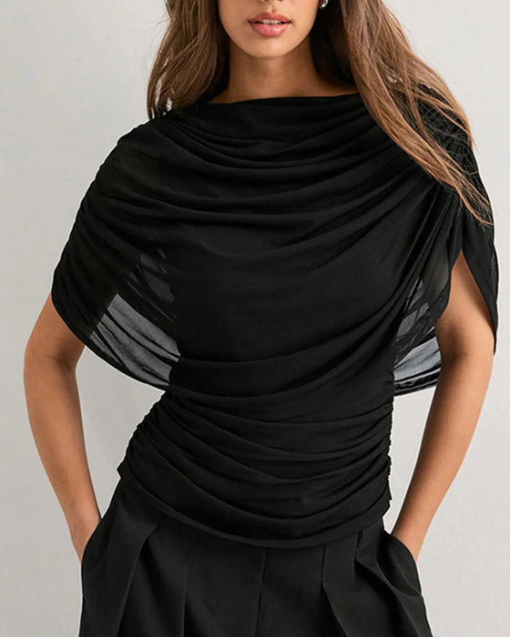Bluse Mesh Schal Hals Drapiert Slim Fit