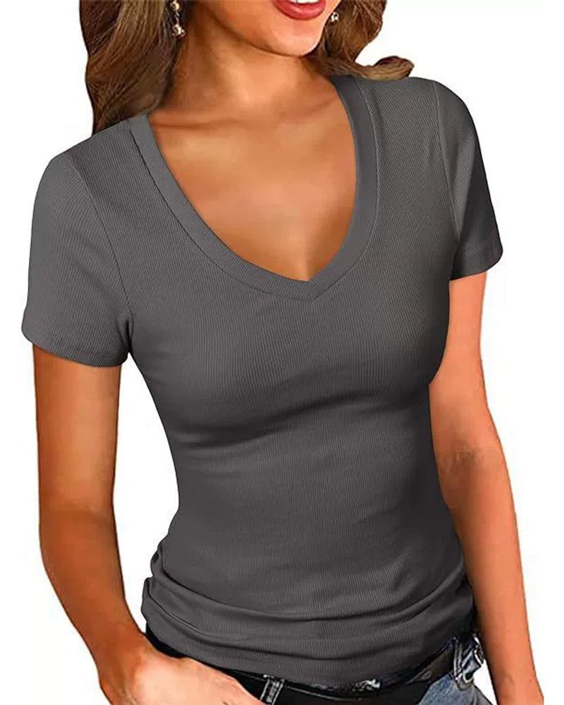 T-Shirt Gerippt Slim Fit V-Ausschnitt Kurzarm