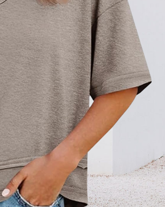 Bluse Einfarbig V-Ausschnitt Patchwork Saum