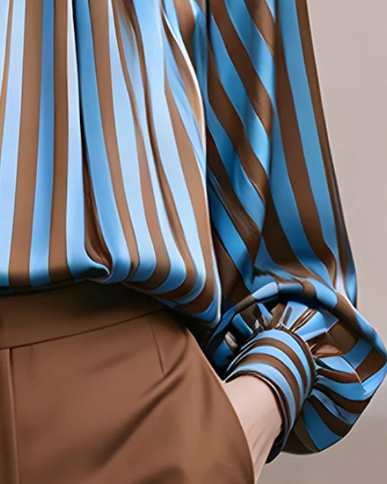 Bluse Streifen Gerafft Rollkragen