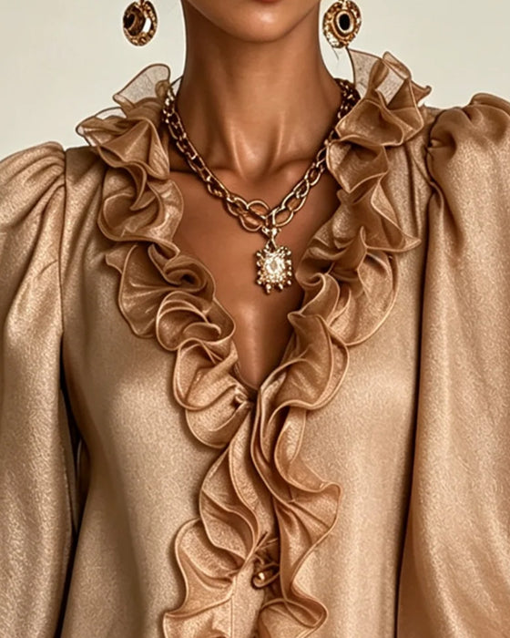 Kleid Puff-Ärmel Rüsche-Besatz V-Ausschnitt
