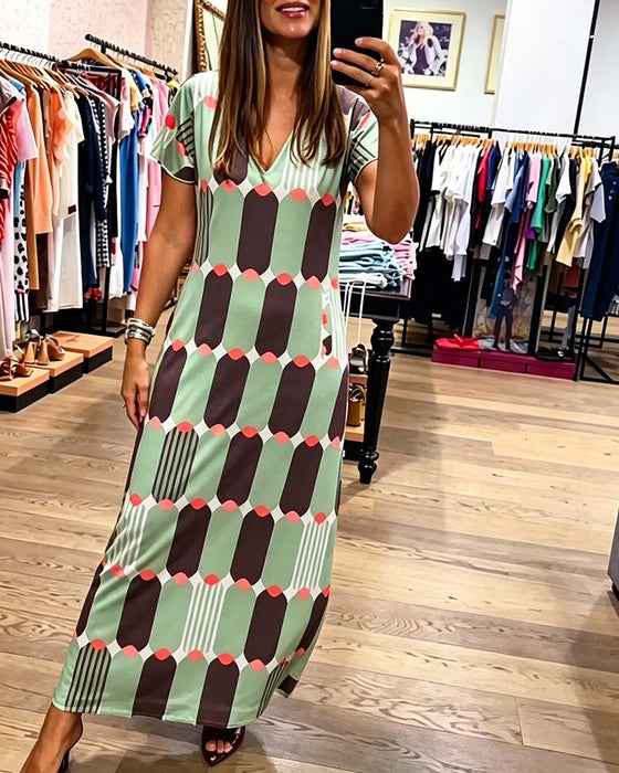 Kleid V-Ausschnitt Kurzarm Weiter Rock