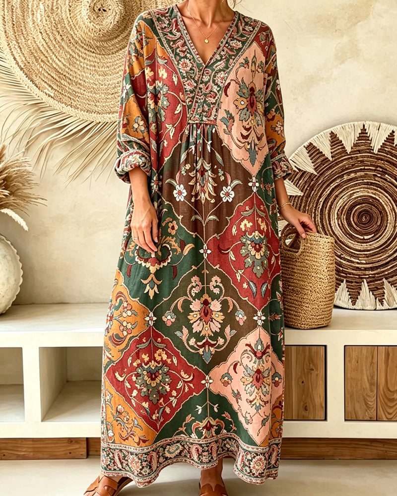 Kleid V-Ausschnitt Bohemian Langarm