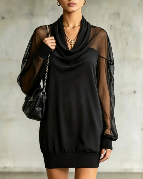 Kleid Cowl-Neck Langarm Mesh