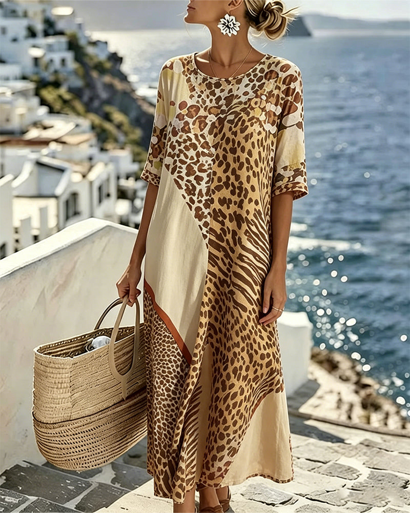 Kleid Leopard Print Rundhals Patchwork