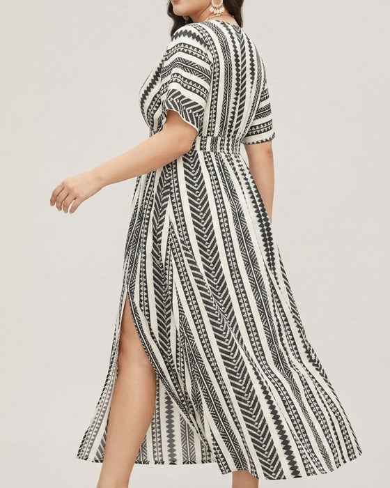Kleid Tief V Blau Weiß Geometrischer Streifen Taille