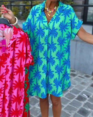 Kleid Revers Kragen Palme Baum Druck