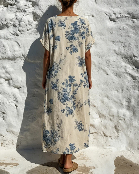 Kleid Rundhals Vintage Blau Floral