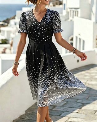 Kleid V-Ausschnitt Taille Puffärmel