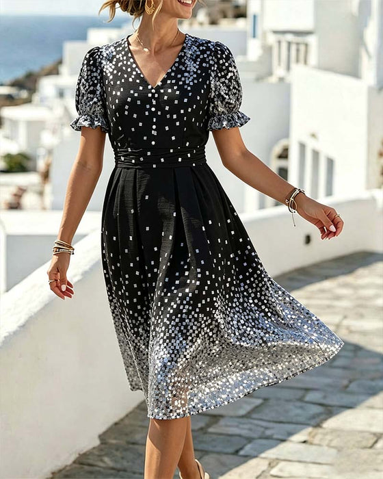 Kleid V-Ausschnitt Taille Puffärmel