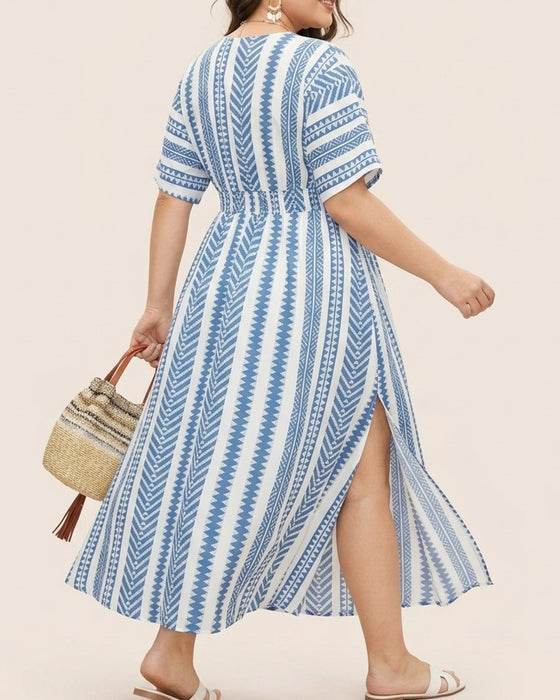 Kleid Tief V Blau Weiß Geometrischer Streifen Taille