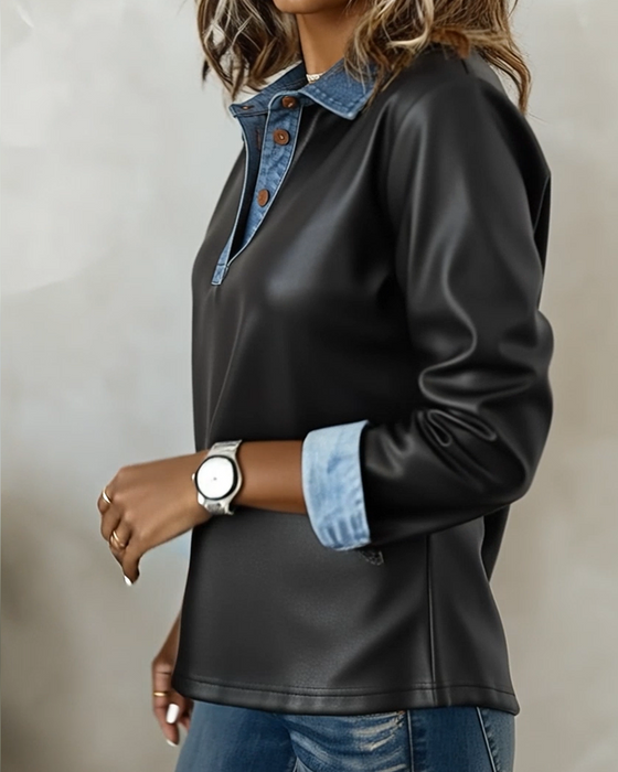 Top casual mit Kragen Leder Patchwork