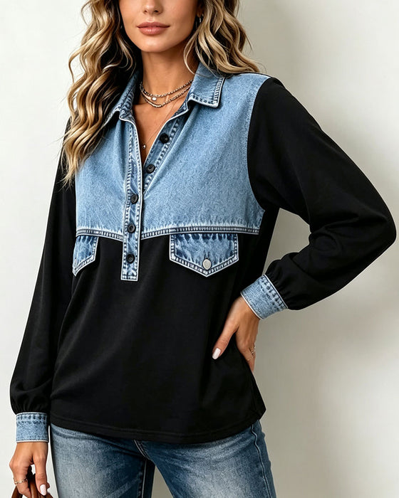 Sweatshirt Hemdkragen Tasche Patchwork