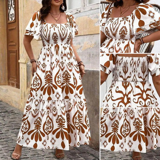 Kleid Blau Porzellan Quadratischer Ausschnitt Druck Maxi
