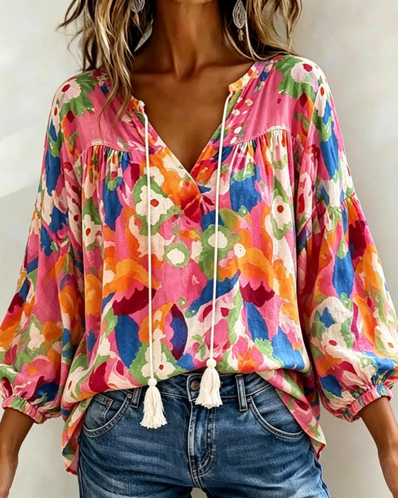 Bluse Bunt Bedruckt Laternenärmel Franse