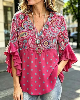 Bluse V-Ausschnitt Blumig Pünktchen Rüsche