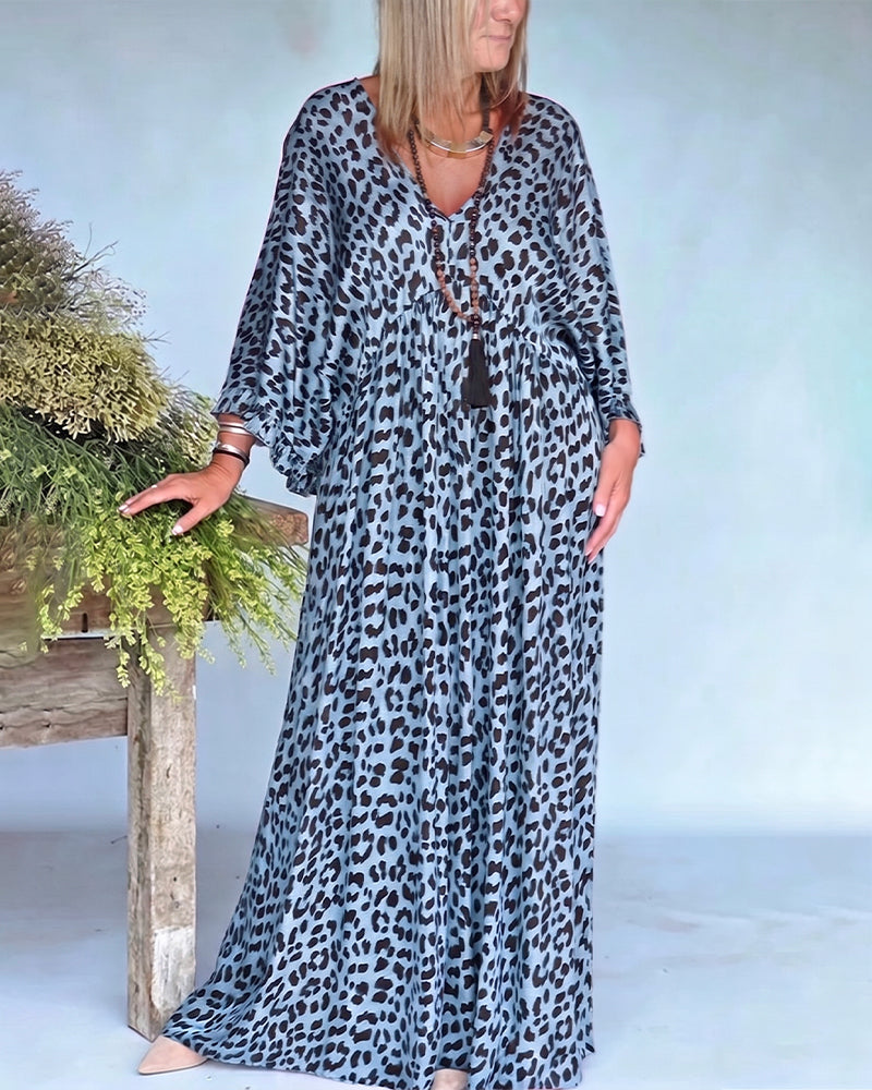 Kleid V-Ausschnitt Leopardenprint Loose Fit Lässig