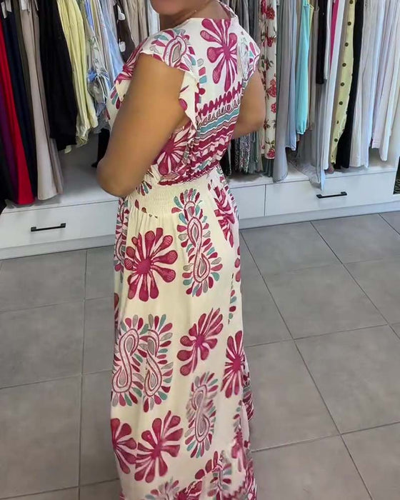 Kleid Blumen Taille-Zug Flatter-Ärmel Urlaub Maxi