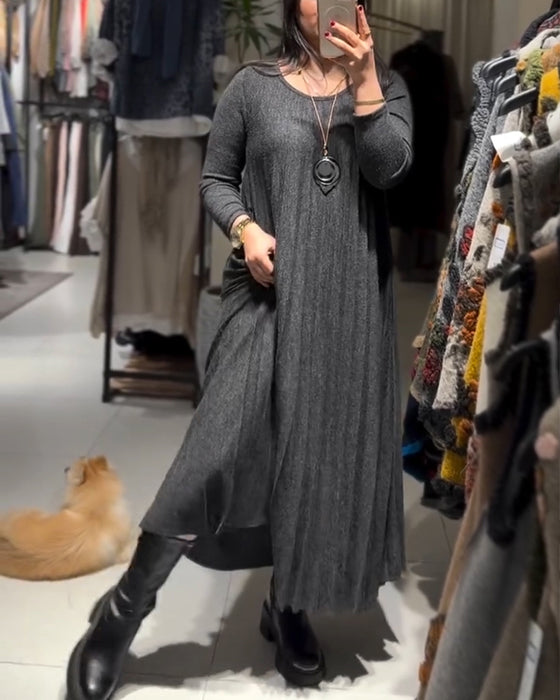 Kleid Runder Halsausschnitt Gekräuselt Locker Lang