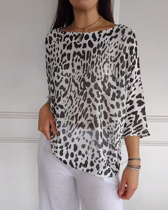 Pullover Dreiviertelärmel Leopardenmuster Locker