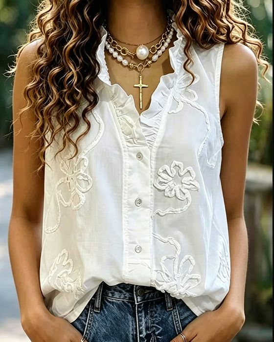 Hemd Ärmellos 3D Blumig Rüsche