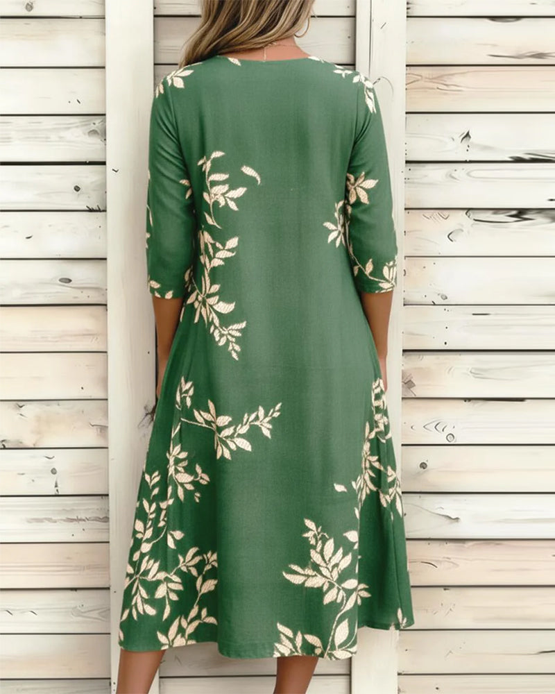 Kleid Botanischer Print Knopf Gerafft