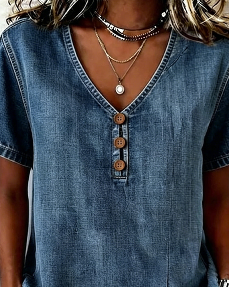 Bluse aus Denim mit geschlitztem V-Ausschnitt