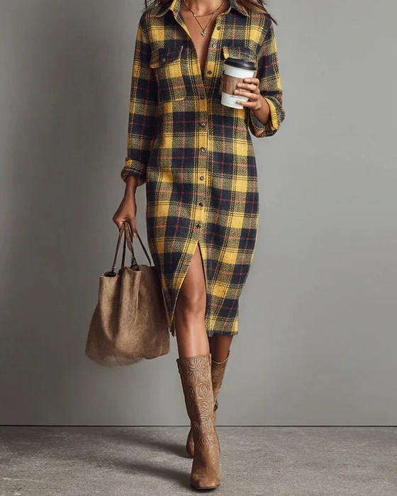 Kleid Hemdkragen Karo Langarm
