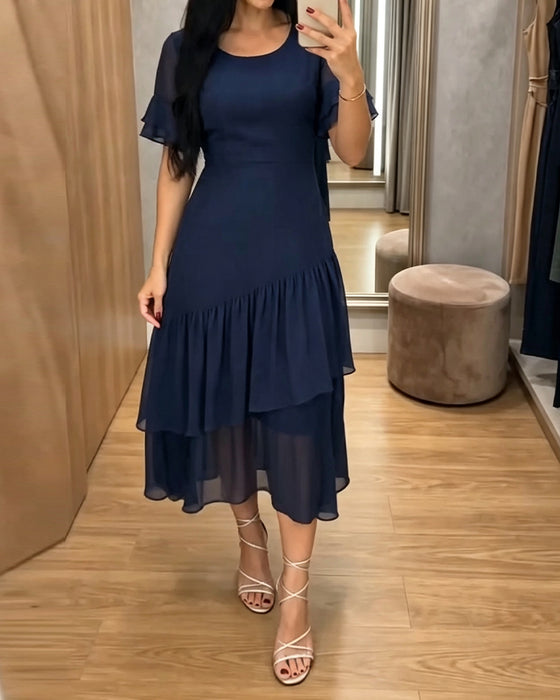 Kleid Rundhals Rüsche Einfarbig