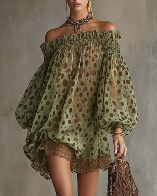Kleid Leopardenmuster Off-Shoulder Spitze Patchwork