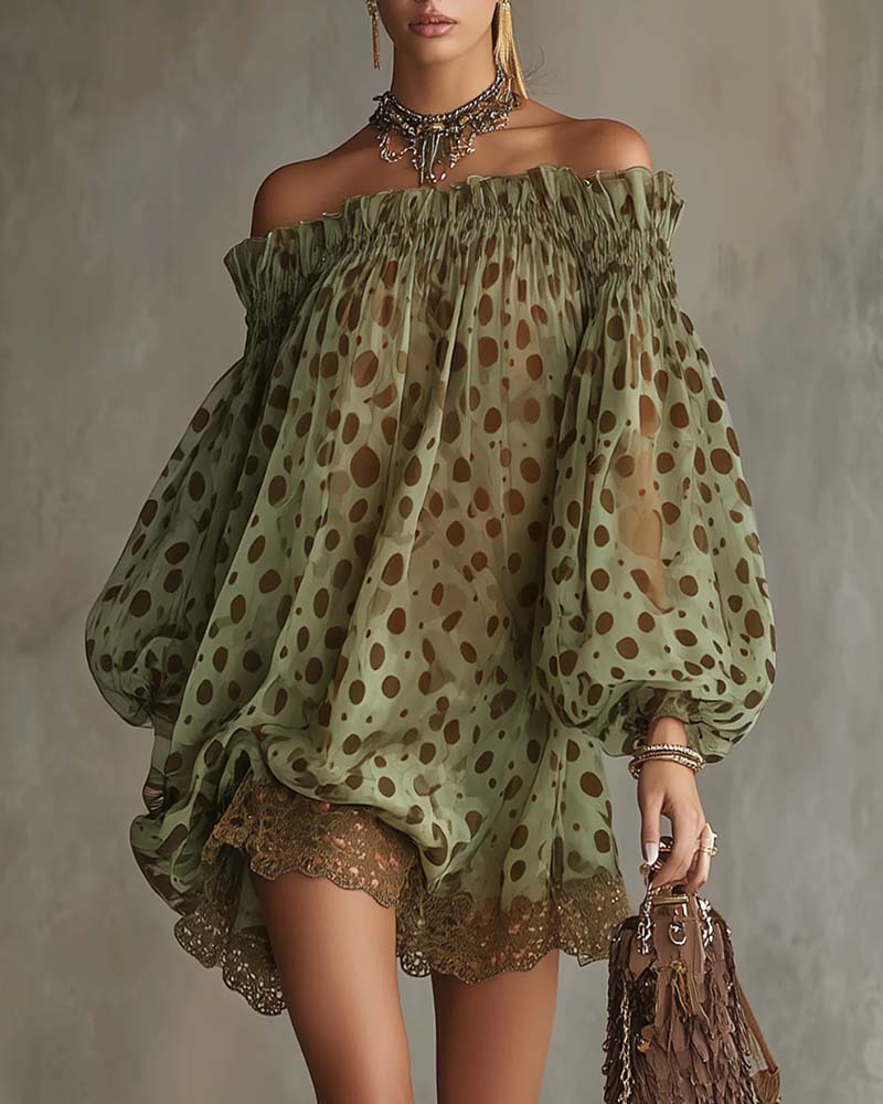 Kleid Leopardenmuster Off-Shoulder Spitze Patchwork
