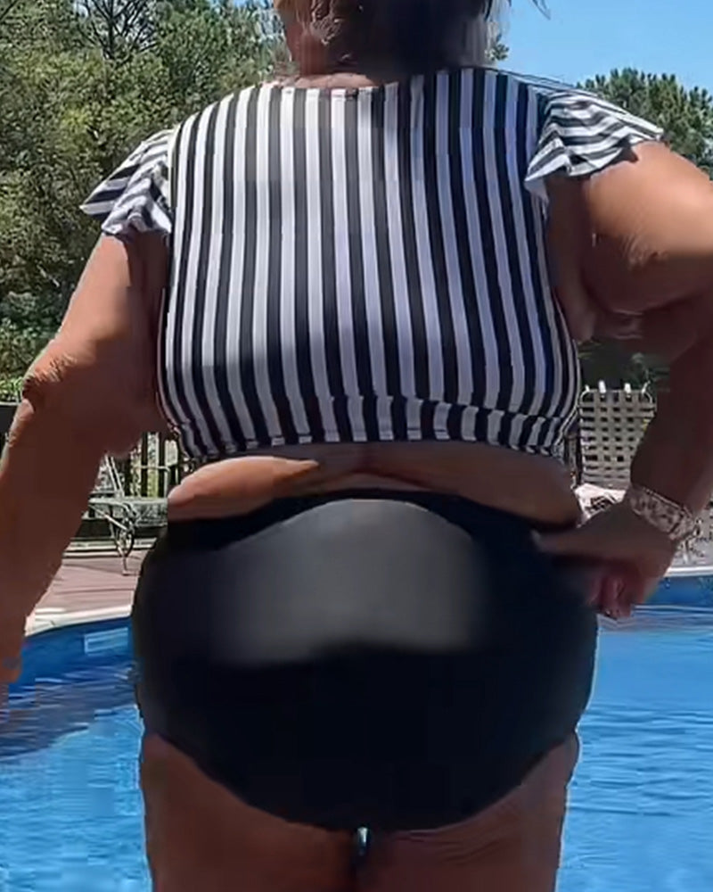 Bikini Gestreift Schmetterlingsärmel U-Ausschnitt