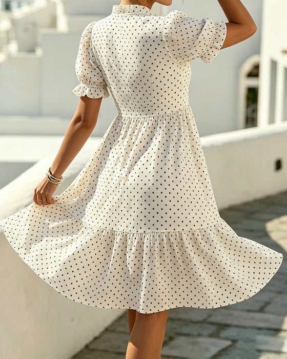 Kleid V-Ausschnitt Spitze Besatz Polka Dot