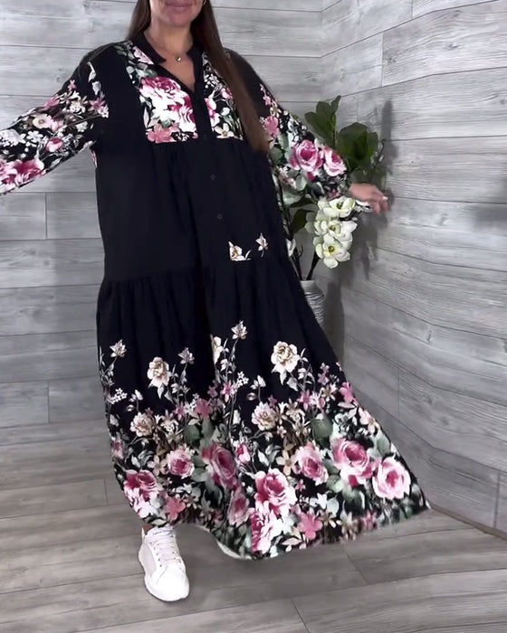 Kleid Blumenmuster Lässig Laternenärmel