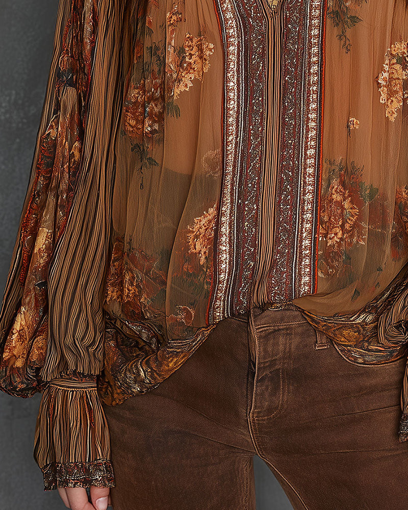 Bluse V-Ausschnitt Bohème-Stil floral