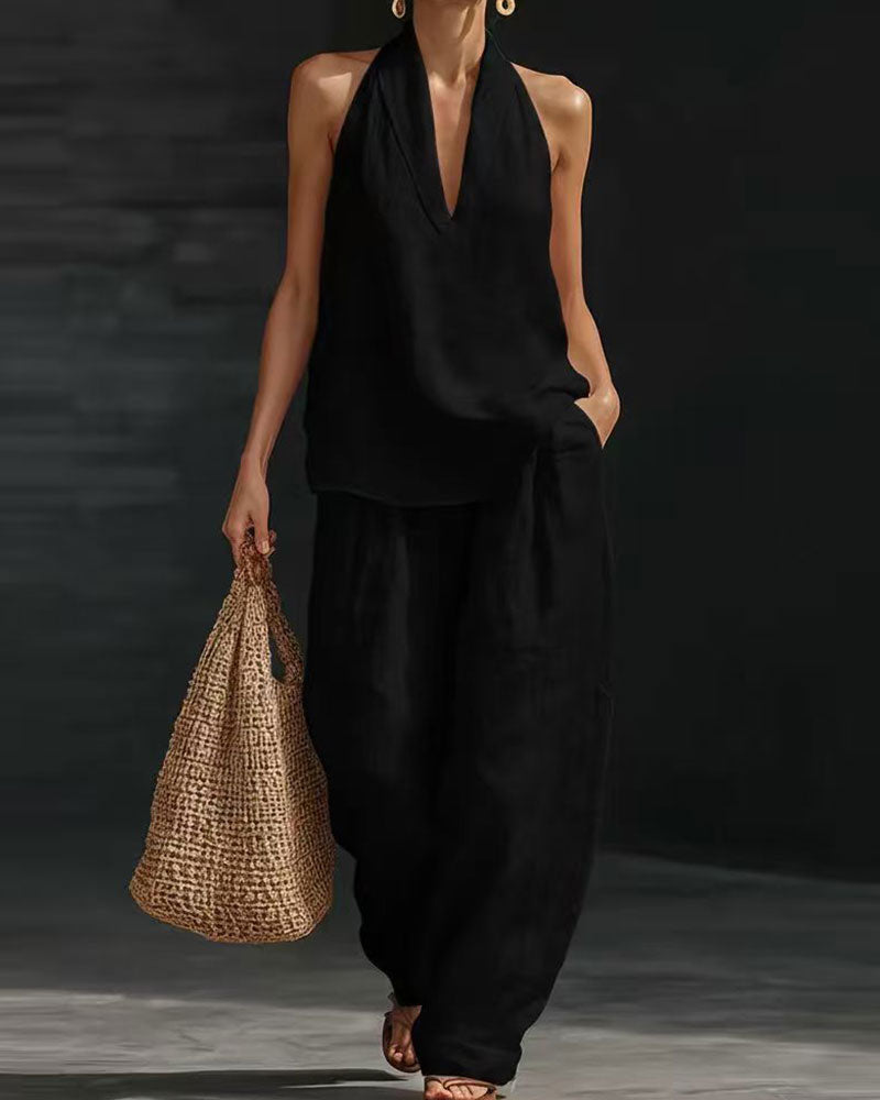 Set Leinen Halfter Ausschnitt Ärmellos Weites Bein Hose