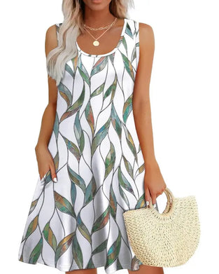 Kleid Elegant Blattdruck Ärmellos