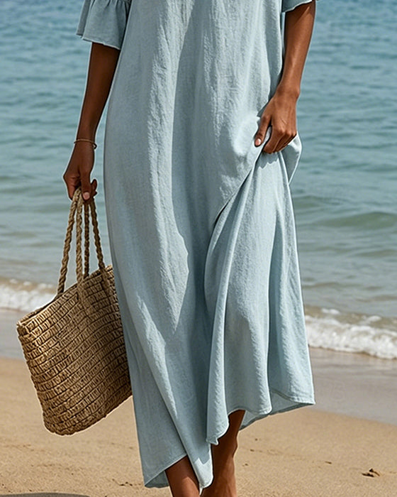 Kleid Tief V Rüsche Ärmel Ausgeschnitten Spitze