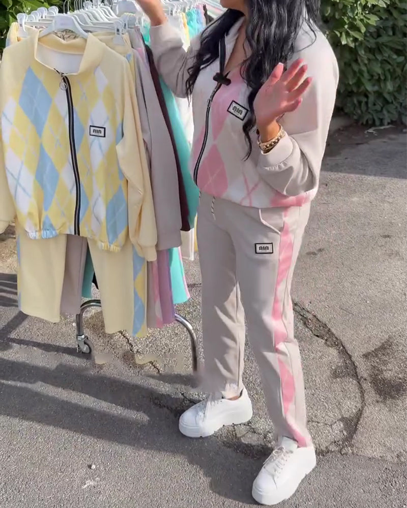 Zweiteiler kariert Oberteil mit Reißverschluss und Hose