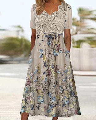 Kleid Spitze Patchwork Blume Vogel Print